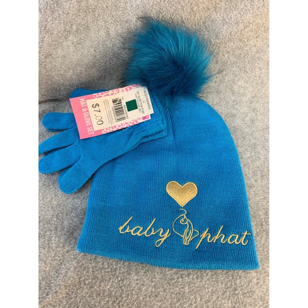 Baby Phat Hat & Glove Set Gold Heart Logo Girls Blue Pom Pom Beanie One Size